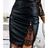 Faux Leather Lace Slit Skirts