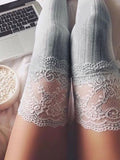 Floral Lace Striped Thigh High Socks