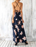 Navy Floral Boho Deep V-Neck Maxi Dress