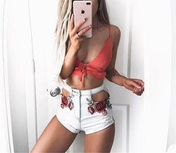 Sexy High Waisted Peek-A-Boo Floral Embroidery Shorts