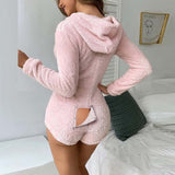 Fluffy Fleece Hooded Romper Pajamas