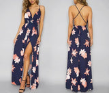 Navy Floral Boho Deep V-Neck Maxi Dress