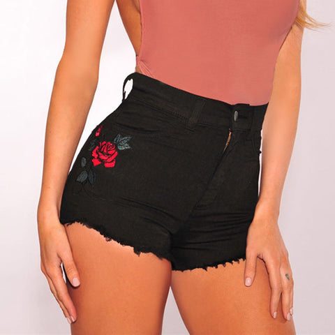 Ultra Slimming Floral Embroidered Rose High Waisted Jean Shorts