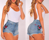 Ultra Slimming Floral Embroidered Rose High Waisted Jean Shorts