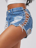Victoria Criss Cross Side Ripped Jean Shorts