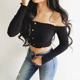 Ruffle Off Shoulder Button Up Crop Top