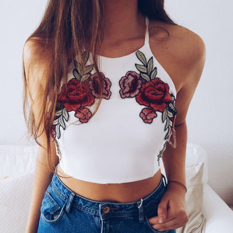 Embroidery Floral Crop Top White