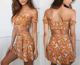 Scrunchy Orange Floral Top & Skirt 2 Pcs Set