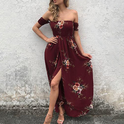 Elegant Wine Red Floral Maxi Dress