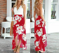 Lacey V-Neck Floral Maxi Dress - Red