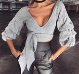 Lovely Ribbon Ruffled Sleeve Crop Sweater Top