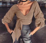 Lovely Ribbon Ruffled Sleeve Crop Sweater Top